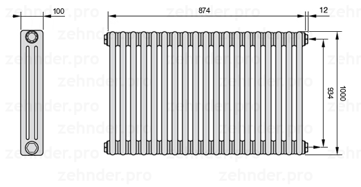 Схема (чертеж) Радиатор Zehnder Charleston 3100/19 №7610 Белый глянцевый RAL 9016